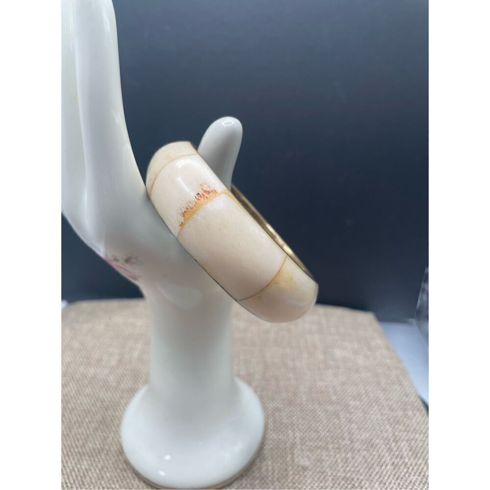 Chunky & Thick Vintage 1960s Brass Inlay Bangle Hippie Bracelet Ivory and Brass